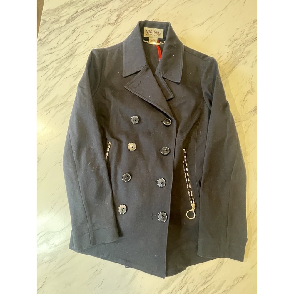 Michael Kors Women's Double-Breasted Cotton Blend Canvas Peacoat M Black